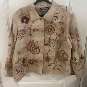 INDIGO MOON BOHO JACKET Beige WITH EMBROIDERED FLORAL DESIGN, BUTTONS, Size 3X